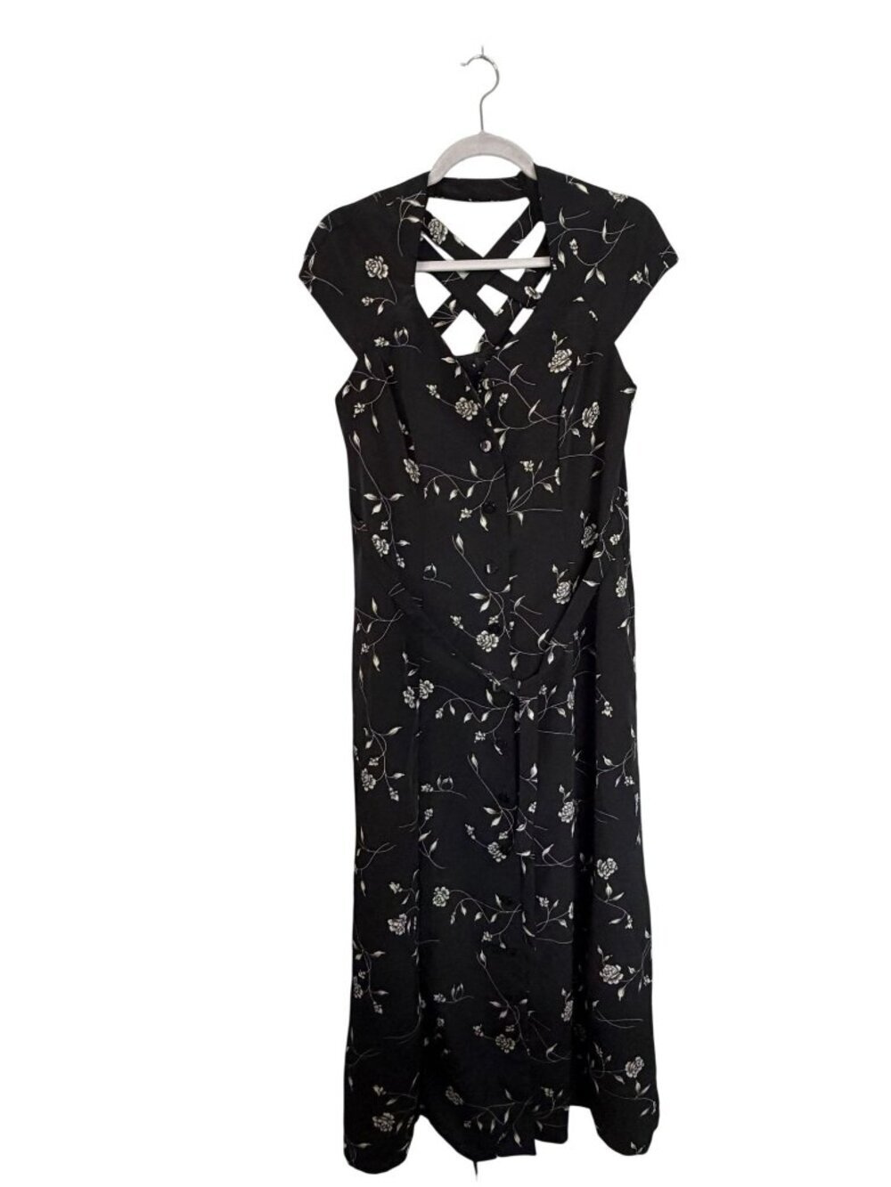 Spago Black Floral Print Maxi Dress With Crisscross Back Button-Front Womens Siz